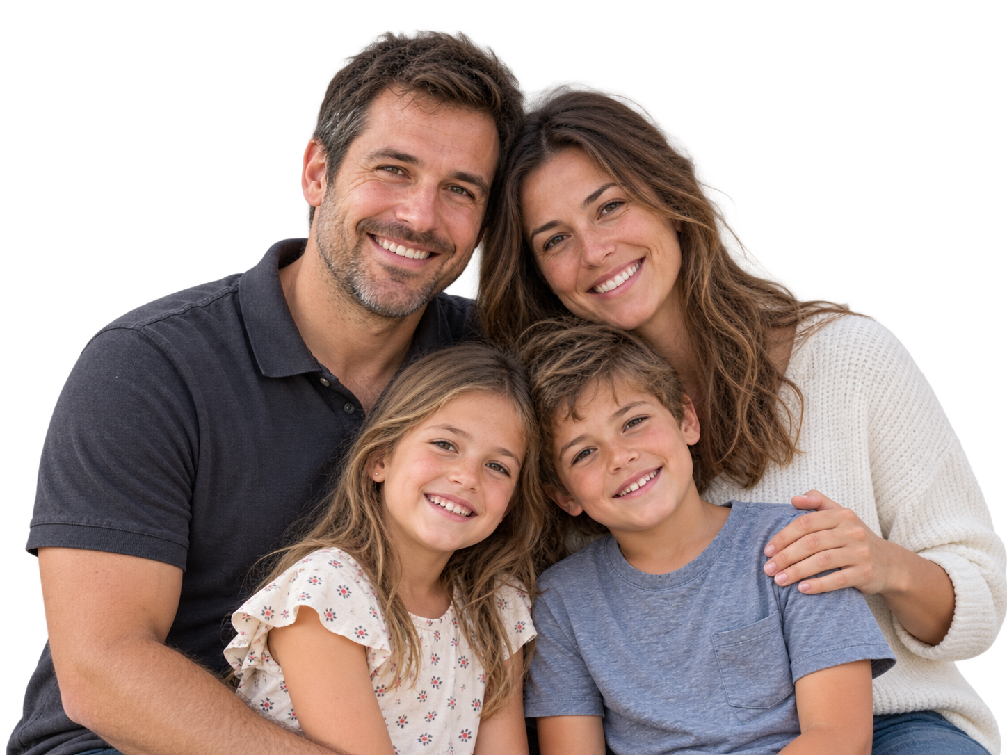 Family smiling together against a plain background